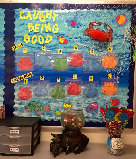 Caught Being Good Bulletin Board Group Incentives Behavior Bulletin Boards, Preschool Behavior Management, Caught Being Good, Nautical Classroom, Behaviour Management, Bulletin Board Ideas, Student Behavior, Reward System, Positive Behavior