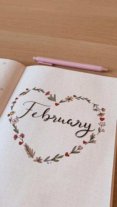 February 2024 Journal, Frames For Journal, February Notebook Ideas, Feb Bujo Cover, February Aesthetic Month Calendar, February Reading Journal Spread, February In Cursive, February Reading Journal, Bullet Journal Month Cover February