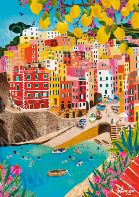 Cinque Terre Art Print, Travel Artwork Wall Art, Cinque Terre Italy Painting, Italy Illustration Art, Cinque Terre Painting, City Illustration Art, Emily Powell, Australia Drawing, Riomaggiore Cinque Terre Italy