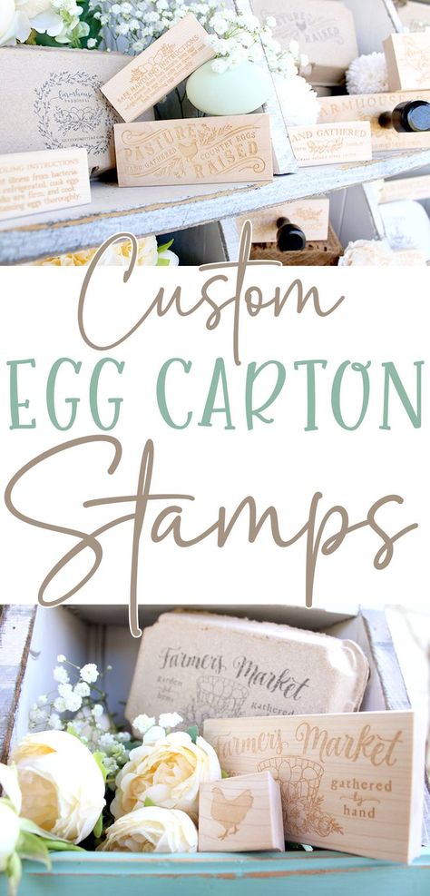 a rustic white cubby shelf holding 8 different wood stamps and 3 stamped egg cartons surrounded by blue chicken eggs and cream fresh flowers with text that reads custom egg carton stamps Chicken Egg Colors, Chicken Coop Building Plans, Rubber Egg, Selling Eggs, Egg Stamp, Raising Chicks, Chicken Coop Run, Egg Cartons, Farm Eggs