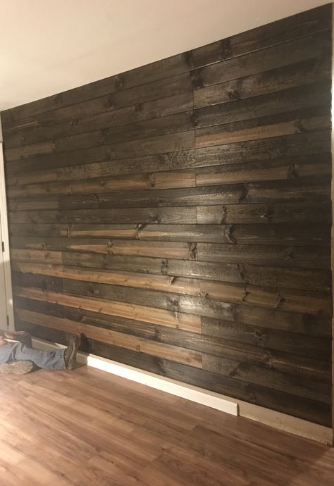 Dark Walnut Shiplap Wall Dark Stain Shiplap Wall, Black Stain Shiplap Wall, Walnut Shiplap Wall, Dark Brown Shiplap Wall, Wooden Shiplap Wall, Dark Wood Shiplap Wall, Dark Shiplap Wall Living Room, Walnut Accent Wall, Western Basement Ideas