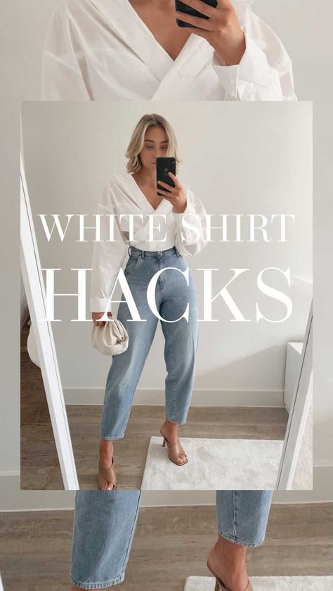 OLIVIA ROSE on Instagram: “White shirt hacks: including how to tuck without bunching ✔️” How To Tuck In White Button Down, Tucking In A White Button Down, Tuck In Oversized Button Down, How To Tuck White Button Down Shirt, How To Tie A White Button Up, Tucking In Oversized Shirt, White Shirt Hacks, Oversized White Button Up Shirt Outfit, How To Tuck A Button Down Shirt