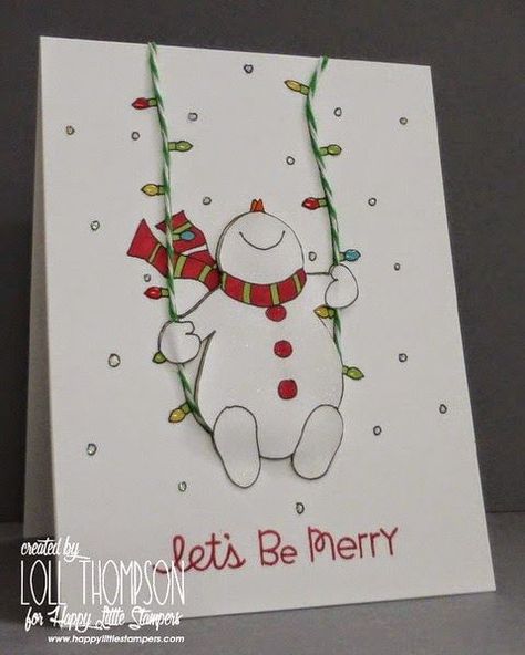 Hi everyone.  Sorry I haven't been around much lately.  We have had an amazing amount of entries on the last HLS CAS challenge, and I'v... Snowman Swinging On Lights, Christmas Homemade Cards, Xmas Cards Diy, Christmas Cards Diy, Joululahjat Diy, Snowman Christmas Card, Happy Snowman, Lights Diy, Colored Lights