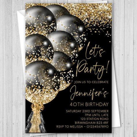 PERSONALISED BIRTHDAY INVITATIONS INVITES BLACK GOLD 30TH 40TH 50TH 21ST ANY AGE | eBay Birthday Invitations For Men, Sweet Sixteen Birthday Party Ideas, 50th Birthday Invitations, Sweet Sixteen Birthday, Sweet Sixteen, 50th Birthday, Ornament Wreath, Personalized Birthday, Black And Gold