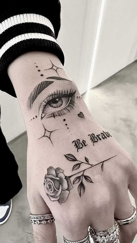 Right Hand Tattoos For Women, Tattoo Hands Woman, Open Tattoo, Brave Tattoo, Hand Tattoo Design, Be Brave Tattoo, Skull Hand Tattoo, Simple Tattoos For Guys, Wrist Tattoos For Guys