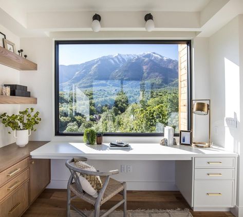 Becki Owens (@beckiowens) • Instagram photos and videos Home Office Against Window, Tiny Office With Window, Desk With Window Above, Home Office Window Ideas, Corner Window Desk, Desk Looking Out Window, Desk Facing Window Home Office, Home Office Big Windows, Home Office Desk In Front Of Window