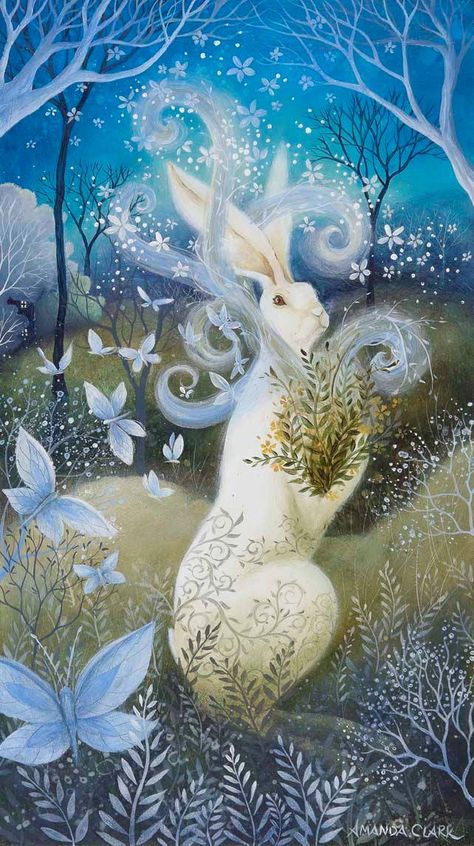 'Abundance' by Amanda Clarke White Hare, Amanda Clark, Fairy Tale Art, Hare Art, Art Papillon, Clark Art, Print Butterfly, Whimsical Forest, Rabbit Art