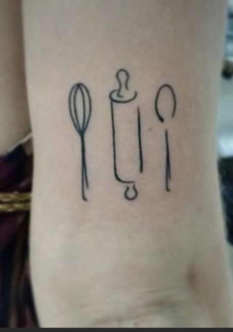 Minimalist Baking Tattoo, Minimalist Chef Tattoo, Bakers Tattoo Ideas, Baker Tattoo Ideas, Female Chef Tattoo, Baking Tattoo Ideas, Pastry Tattoo, Spoon Tattoo, Inspirational Wrist Tattoos