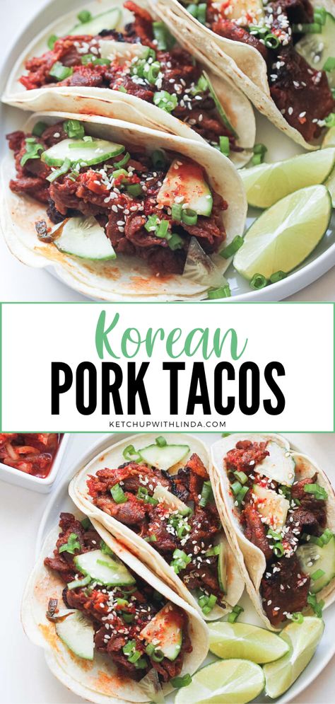 Korean Pork Tacos are juicy, sweet, and spicy, perfect for your easy dinner recipes for the family! Grilled pork belly with sauce is served over taco and topped with fresh kimchi and toasted sesame seeds! You shouldn't miss this best taco of your life! Korean Pork Tacos, Fresh Kimchi, Pork Belly Tacos, Korean Pork, Asian Pork, Pork Belly Recipes, Spicy Korean, Diner Recept, Pork Tacos