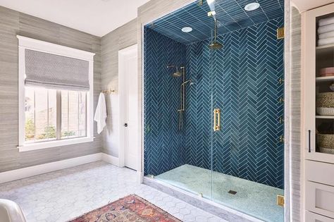 Walk In Shower with Blue Herringbone Tiles - Transitional - Bathroom Blue Restroom, Blue Herringbone Tile, Blue Shower Tile, Black Bathtub, Blue Tile Wall, Beautiful Bedrooms Master, Dream Bath, Blue Tile, Herringbone Tile