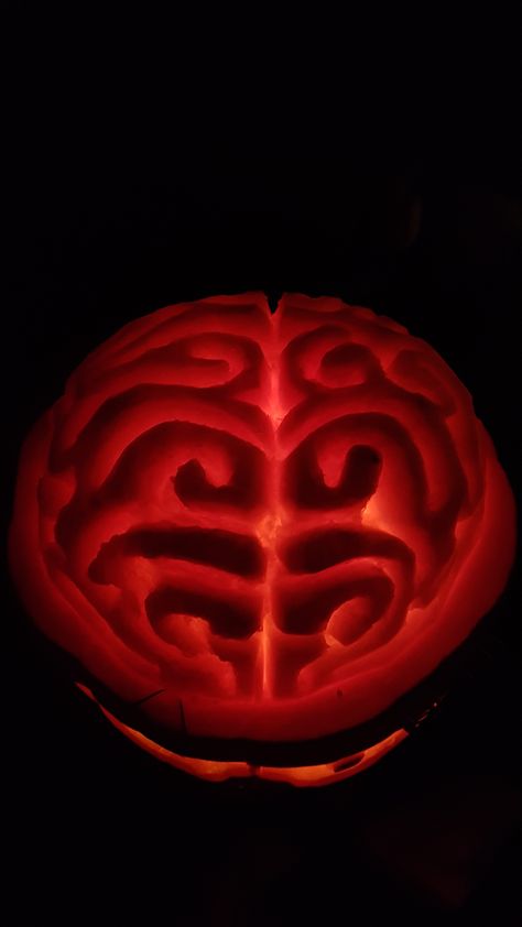 Swirly Pumpkin Carving, Prize Winning Pumpkin Carving, Pumpkin Brain Carving, Pumpkin Carving Brain, Science Pumpkin Carving Ideas, Gory Pumpkin Carving, Pumpkin Shaving Carving, Shaved Pumpkin Designs, Complex Pumpkin Carving