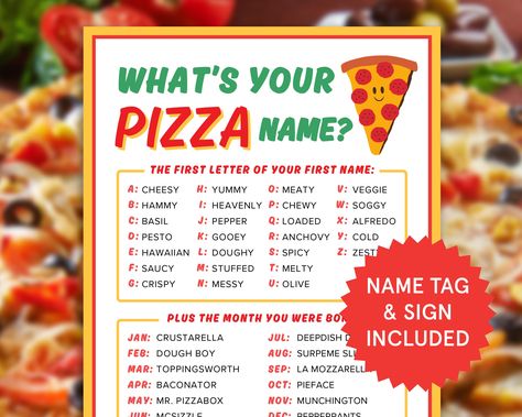 INSTANT DIGITAL DOWNLOAD - NO PHYSICAL PRODUCT WILL BE SHIPPED! Simply download and print! Get ready for a slice of fun with our "What's Your Pizza Name" activity! Perfect for pizza lovers of all ages, this interactive and lighthearted game will have you and your friends discovering your deliciously unique pizza names. With easy-to-use printables, you'll have everything you need to host a pizza-themed party or add a dash of fun to your next gathering. Whether you're hosting a pizza party, celebrating a birthday, or simply looking for a fun activity to enjoy with friends, our "What's Your Pizza Name" game is the perfect addition to your festivities. Spark laughter and creativity as you uncover your deliciously unique pizza identities together! This digital download ensures instant access to Pizza Campaign Ideas, Football Menu Ideas, Birthday Pizza Party, Pizza Party Games, Pizza Names, Birthday Pizza, Party Games Printable, Auntie Quotes, Unique Pizza