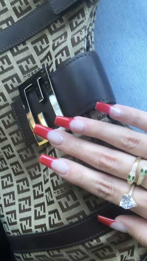 Thick Red French Tip, Thick French Nails, Chunky French Tip Nails, 90s French Tip Nails, Dark Red French Tip Nails, Red French Tip, Long Square Nails, Red French, Vintage Nails