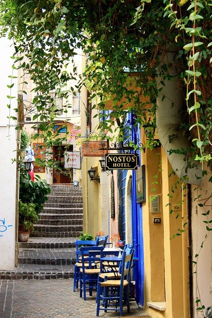 Sidewalk cafe, Hania, Greece Crete Island Greece, Grecia Santorini, Chania Greece, Dnd Campaign, Sidewalk Cafe, Crete Island, Crete Greece, Greece Travel, Greek Islands