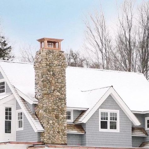 • Landschute Architecture • on Instagram: "In progress, a charming lakefront estate home brimming with character & detail. *Fun fact: the field stone chimneys were inspired by the 100 year-old historic stone wall that still stands, marking the property line. #lakehouse #customhome #chimney #coppergutters #shinglestyle #classichome #architecture #homebuilder" Landschute Architecture, Copper Gutters, Stone Chimney, River Stones, Still Standing, Classic House, Stone Wall, Fun Fact, The Field