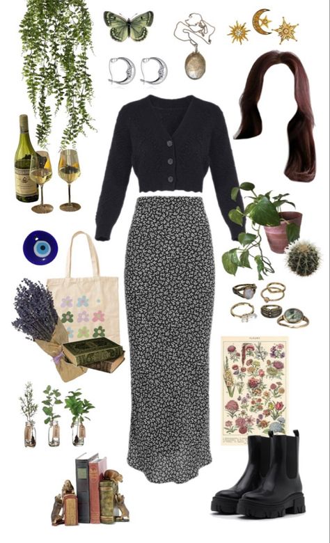 Witchy Vibes Aesthetic Outfits, Witchy Librarian Aesthetic, Witchy Professional Outfits, Witchy Wardrobe Style, Modern Witchy Outfits, Garden Witch Aesthetic Outfit, Casual Witchy Outfit, Practical Magic Outfits Aesthetic, Witchy Work Outfit