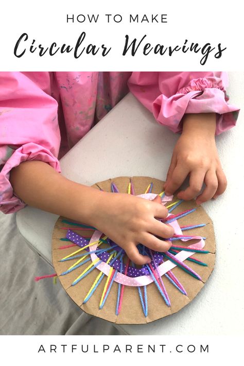 A simple and effective way for kids to learn how to create their own circular weaving. weaving for kids | weaving for children | easy weaving activity | weaving project | sewing with kids #weaving #kidsart Weaving With Kids, Weaving With Fabric, Weaving Kids, Cardboard Loom, Circular Loom, Orange Room, Sewing Activities, Circular Weaving, Weaving For Kids