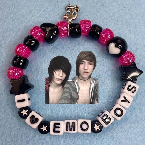 I Love Emo Boys Kandi Bracelet   - handmade by me! -... - Depop Scene Bead Bracelets, Emo Friendship Bracelets, Sam And Colby Bracelet Ideas, Emo Bracelet Ideas, Emo Kandi Bracelets, Emo Diys, Emo Crafts, Emo Bracelets, Emo Kandi