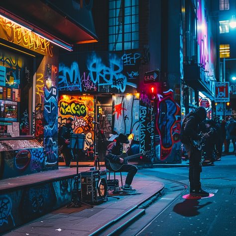 Urban Night Scene: A bustling city alley at night, illuminated by neon lights with graffiti-covered walls and passersby. #city #night #graffiti #neon #lights #urban #street #musician #aiart #aiphoto #stockcake https://ayr.app/l/qqmX Urban Night Aesthetic, Graffiti Background Photoshoot, Neon Light City, Night Graffiti, City Street Night, Night City Street, Alley Design, City Alley, Grunge City