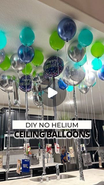 Jasmine Camble | Houston Mom Blogger on Instagram: "Looking for a fun birthday balloon surprise for that special someone? #ad⁣ ⁣ Here’s how I created 𝐂𝐄𝐈𝐋𝐈𝐍𝐆 𝐁𝐀𝐋𝐋𝐎𝐎𝐍𝐒 for my son’s 13th birthday using supplies from @partycity. I love that they have an easy shopping experience either in-store or online with both pickup & delivery options available.⁣ ⁣ Directions: ⁣ ⁣ 1️⃣ Use an electric balloon pump to inflate a variety of 𝐁𝐀𝐋𝐋𝐎𝐎𝐍𝐒 in different shapes, colors and sizes. ⁣ ⁣ 2️⃣ Tie 𝐂𝐔𝐑𝐋𝐈𝐍𝐆 𝐑𝐈𝐁𝐁𝐎𝐍 to the ends of each balloon. For flair, you can alternate the curling ribbon with cut strips of foil door curtains or even fabric ribbons. ⁣ ⁣ 3️⃣ Apply 𝐀𝐃𝐇𝐄𝐒𝐈𝐕𝐄 𝐓𝐀𝐁𝐒 to the tops of each balloon. Latex balloons only require 3-4 tabs. Mylar balloons wil Balloons In Room For Birthday, 11 Birthday Decoration Ideas, Birthday Balloon Door Surprise, Ballon’s Hanging From Ceiling, Birthday Balloons With Pictures Attached, How To Make Helium Balloons At Home, Birthday Project Ideas, Balloon Setup For Birthday, Balloon Decoration Ideas Birthday