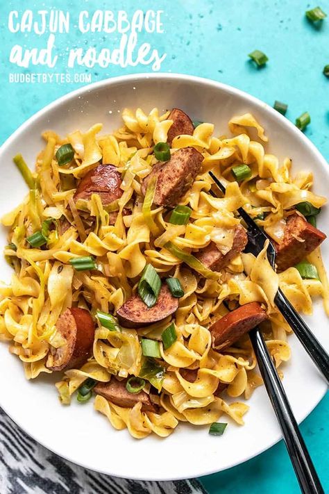 Cajun Cabbage and Noodles is a fun spin on the classic comfort food with a handful of Cajun spices, some smoked sausage, and a splash of hot sauce. Cajun Cabbage, Cabbage And Noodles, Budget Bytes, Andouille, Cajun Recipes, Cabbage Recipes, Smoked Sausage, Budget Friendly Recipes, Noodle Recipes