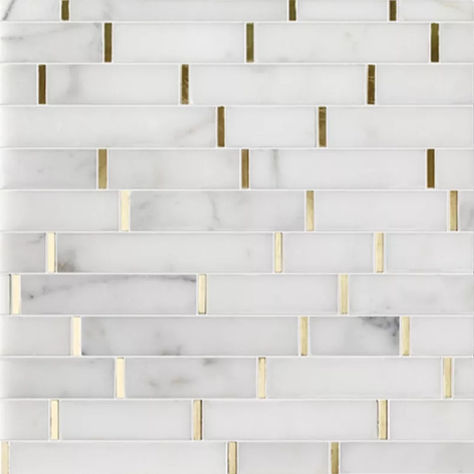 Calacatta Marble Skinny Subway Tile Backsplash with Gold Accent; Dolomite White & Gold Metal Arrow Tile Backsplash; Calacatta Marble with Gold Metal Chevron Pattern Waterjet Mosaic Tile White Backsplash With Gold Accents, White And Gold Backsplash, Kitchen Gold Accents, White And Gold Tile, Gold Tile Backsplash, Redecorate Room, Bar Backsplash, Hastings House, Waterjet Mosaic Tile