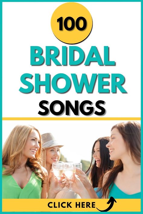 A Pinterest pin that has a photo of 4 girls giving a toast at a bridal shower. The text on the pins read 100 bridal shower songs Bridal Shower Playlist Songs, Bridal Shower Music Playlist, Bridal Shower Love Song Game, Bridal Shower Playlist, Shower Playlist, Shower Song, Fall Bridal Shower Decorations, Shower Music, Parody Songs