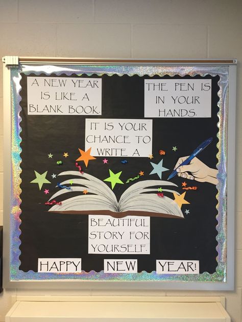 New Year Boards Bulletin, January Bulletin Board Ideas Middle School, Bulletin Board Ideas New Year, Bulletin Board Ideas For New Year, New Year New You Bulletin Board, New Year Display Boards, New Years Board Ideas, New Year Board Decorations For School, New Years Bulletin Board Ideas Preschool