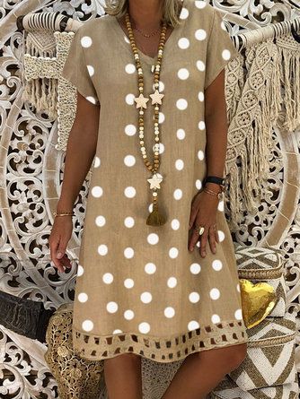 zolucky Women V-Neck Short Sleeve Hollow Polka Dot Summer Dress Polka Dot Summer Dresses, Robes Glamour, Dot Print Dress, Linen Dress Women, Dress Sleeve Styles, Mini Robes, Plus Size Kleidung, Khaki Dress, Vestido Casual