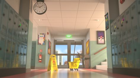 ArtStation - School hallway, Elizabeth Figueroa School Hallway, Wattpad Background, School Hall, School Hallways, Bg Design, School Celebration, School Lockers, School Clubs, Japanese School