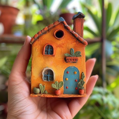 Display these clay houses as part of a miniature village scene or create your own unique arrangement. Miniature Houses Clay, Miniature Clay Houses, Unique Clay Art, Tiny Clay Houses, Clay House Decor, Clay Houses Diy, Diy Clay House, Modeling Clay Art, Clay Fairy Houses