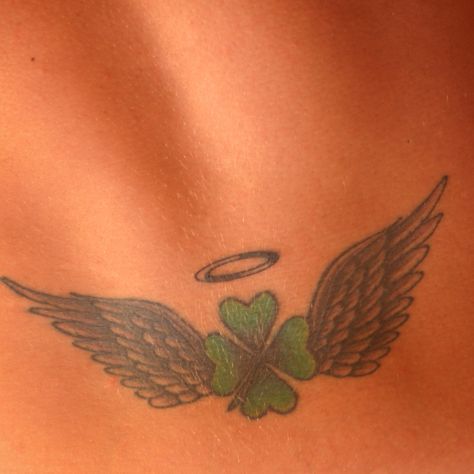 4 leaf clover and angel wings 4 Leaf Clover Memorial Tattoo, Four Leaf Clover Memorial Tattoo, Irish Angel Tattoo, Irish Shamrock Tattoo, Small Celtic Tattoos, 4 Leaf Clover Tattoo, Swedish Tattoo, Wrist Tatoo, Claddagh Tattoo