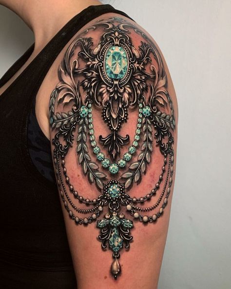 Ryan Ashley Tattoo, Lace Sleeve Tattoos, Jewelry Tattoo Designs, Ryan Ashley, Second Tattoo, Beaded Shawl, Catrina Tattoo, Gem Tattoo, Create A Tattoo