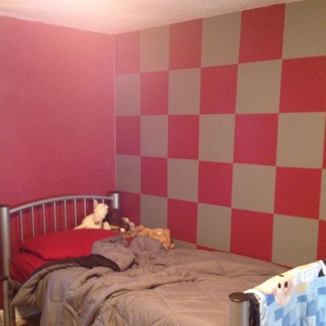 Our sons new bedroom! Other walls are either a solid gray or a solid red, then one checkered wall! Checkered Wall, Girls Room Paint, Diy Wall Painting, New Bedroom, Girls Rooms, Funky Decor, Pink Bedrooms, Room Color