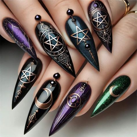 Cute Witch Nails, Gothic Nail Art Dark Short, Dark Witch Nails, Dark Witchy Nails, Fortune Teller Nails, Gothic Nails Designs, Viking Nail Art, Witch Aesthetic Nails, Voodoo Nails