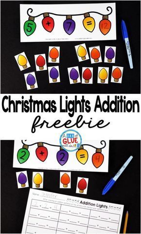 Christmas Lights Addition is the perfect addition to your math center. This free printable is perfect for kindergarten and first grade students. Christmas Math Centers, Holiday Math Worksheets, December Kindergarten, Christmas Math Activities, Christmas Addition, Holiday Math, Christmas Teaching, Christmas Centers, Math Crafts