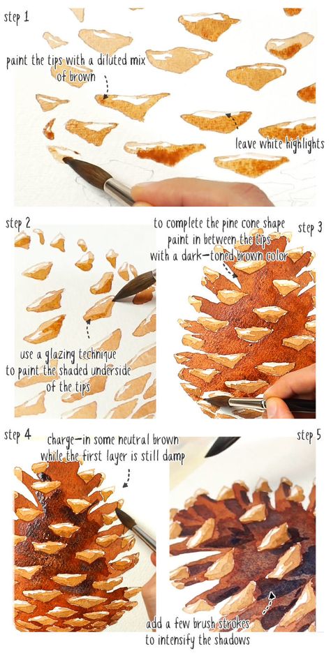 How To Paint Watercolor Pinecones, How To Draw Pine Cones Easy, Watercolor Pine One, Pine Cones Painting, Pinecone Watercolor Paintings, Pine Cone Painting On Canvas, Watercolor Art Pine Trees, Pine Cone Drawing Step By Step, Pine Tree Watercolor Tutorial