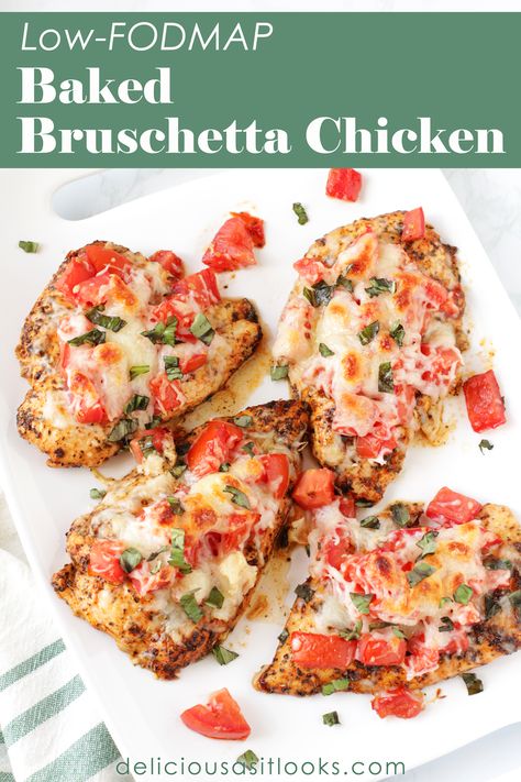 Low FODMAP Baked Bruschetta Chicken - Delicious as it Looks Lofod Map Recipes, Low Fodmap Summer Recipes, Low Fod Map Dinner Recipes, Low Fodmap Casserole Recipes, Lowfodmap Easy Dinner, Low Fod Map Dinner, Easy Fodmap Recipes, Low Fodmap Dinner Recipes, Baked Bruschetta