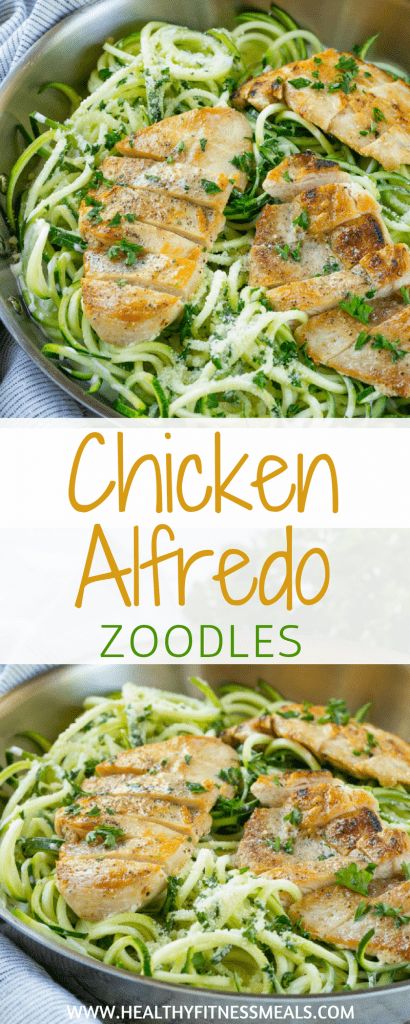 Chicken Alfredo Zoodles Recipe - Low Carb | Healthy Fitness Meals Alfredo Zoodles, Healthy Chicken Alfredo, Zoodles Recipe, Low Carb Healthy, Zucchini Recipes Healthy, Fitness Meals, Zoodle Recipes, Chicken Alfredo Recipes, Healthy Fitness Meals