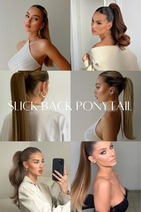 Long Hair Slick Back, Slicked Back High Ponytail Prom, Slick Back Bun With Extensions, Long Hair Slick Back Women, Slick Back Formal Hair, Slick Back Bun With Pieces Out, Slick Back Bun Long Thick Hair, Slik Back High Pony, Slickback Ponytail