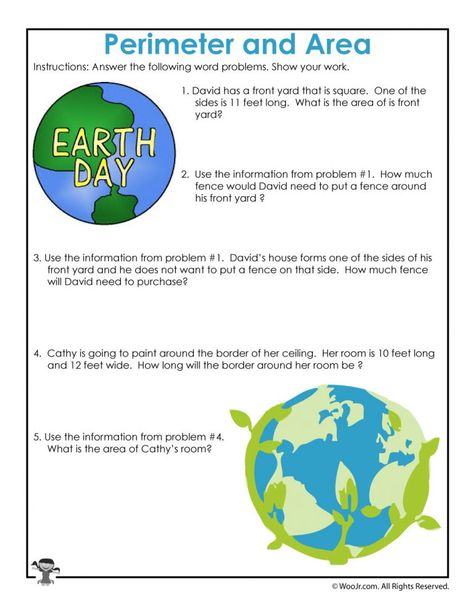 Area and Perimeter Word Problem Worksheets for Earth Day | Woo! Jr. Kids Activities Tutoring Resources, Earth Day Theme, Area Worksheets, Perimeter Worksheets, Multiplication Word Problems, Fraction Word Problems, Free Printable Math Worksheets, Geometry Worksheets, Preschool Math Worksheets