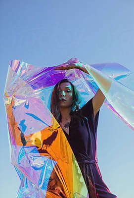 Manifest Frequency, Holographic Photoshoot, Holographic Photography, Holographic Branding, Plastic Backdrop, Foil Fashion, Holographic Aesthetic, Futuristic Retro, Rainbow Children