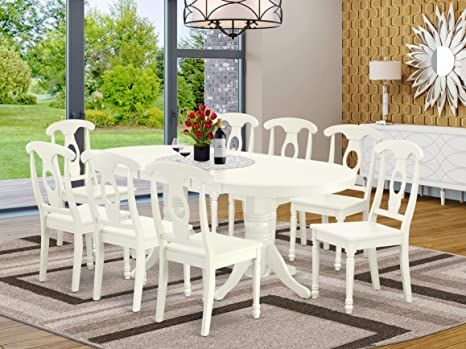 9 Pc Dining-Room Set For 8 Dining Table With Self Storing Leaf And 8 Wood Seat Kitchen Dining Chairs Dinette Table, Comfortable Kitchen, Dinette Tables, Solid Wood Dining Set, Dinette Sets, Linen White, Oval Table Dining, Dining Room Set, Wooden Kitchen