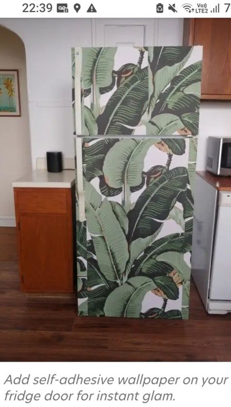 Fridge With Wallpaper, Contact Paper Fridge Makeover, Wallpaper Fridge Diy, Fridge Door Decor, Wallpaper On Fridge, Wallpapered Fridge, Contact Paper Fridge, Fridge Decoration Ideas, Apartment Fridge