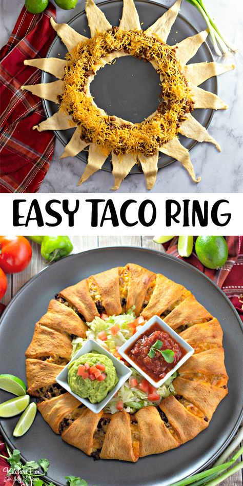 Super easy three ingredient Taco Ring with a handful of toppings to customize your own. Taco Ring With Crescent Rolls, Crescent Roll Recipes Dinner, Taco Ring, Mexican Night, Crescent Recipes, Beef Taco, Crescent Ring, Pampered Chef Recipes, Chile Relleno