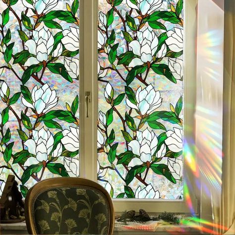 Rainbow Prismatic Window Film Double sided Floral Leaf - Temu Peel And Stick Stained Glass Window Art, Stain Glass Stickers, Floral Window Display, Vancouver Life, Windows Decor, Stained Glass Window Clings, Happy Room, Rainbow Window, Stained Glass Window Film