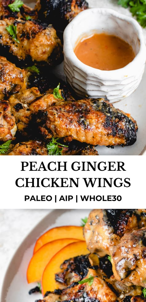 These Peach Ginger Chicken Wings are quick, easy and flavorful, AIP, paleo and Whole30 compliant. They’re a great way to use fresh or frozen peaches and a real crowd pleaser. #healmedelicious #aip #aiprecipes #paleo #paleorecipes #whole30 #whole30recipes #autoimmunedisease #aipdiet #autoimmunepaleo #aipprotocol #dinnerideas #dinnerrecipes #peachrecipes #grilling #grilledwings #chicken Ginger Chicken Wings, Aip Appetizers, Aip Diet Recipes, Autoimmune Recipes, Frozen Peaches, Aip Paleo Recipes, Ginger Chicken, Aip Paleo, Autoimmune Protocol