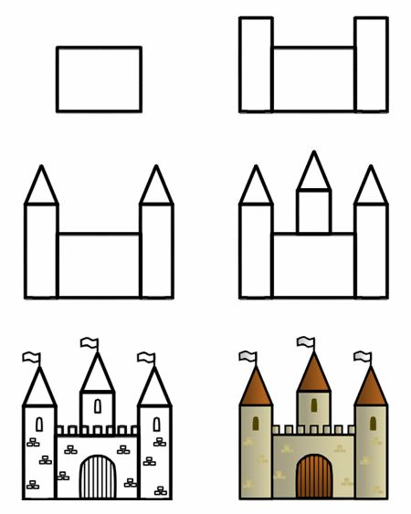 How to draw a cartoon castle step 3 Trin For Trin Tegning, Ako Kresliť, Drawing Lessons For Kids, Directed Drawing, Easy Drawings For Kids, Digital Paintings, Homeschool Art, Kindergarten Art, Guided Drawing