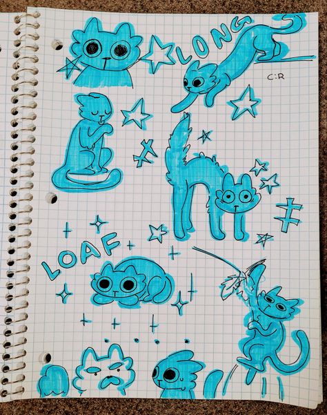 its a blue cat. Cat Sketchbook Page, Blue Sketchbook Page, Cats Art Drawing, Posca Marker, Cat Sketch, Cute Doodles Drawings, Blue Cat, Sketchbook Ideas, Funny Drawings