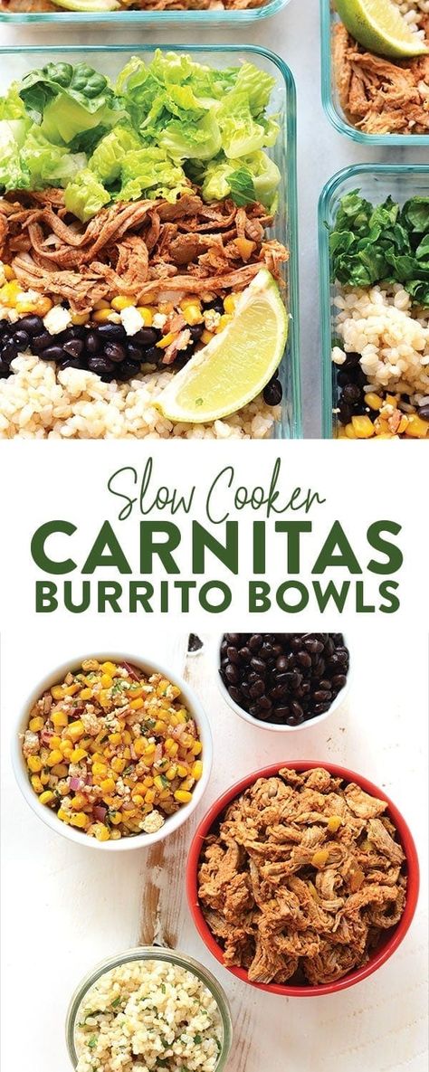 Take an hour out of your day to prep these amazing slow cooker carnitas burrito bowls! We'll show you how to make Crockpot carnitas and even throw in directions for Instant Pot carnitas so that you can make the most epic meal prep burrito bowls around town! Crockpot Carnitas, Instant Pot Carnitas, Carnitas Burrito, Slow Cooker Carnitas, Crock Pot Recipes, Burrito Bowls, Fit Foodie, Lunch Bowl, Burrito Bowl